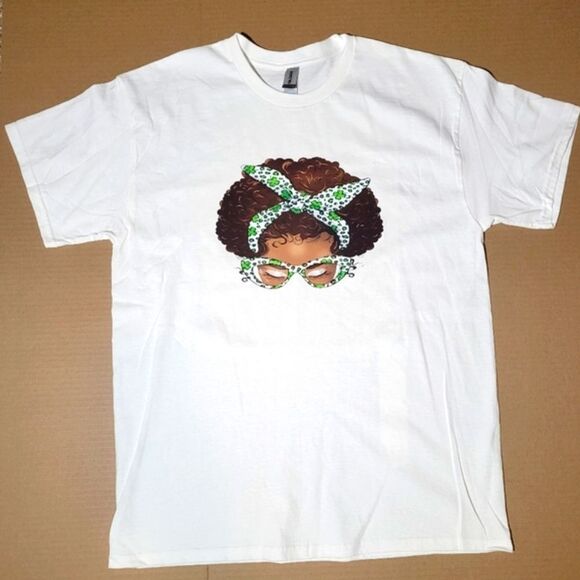 St Patrick Day Shamrock, Afro Messy Bun Custom Made T-Shirt - NWT - Picture 5 of 7